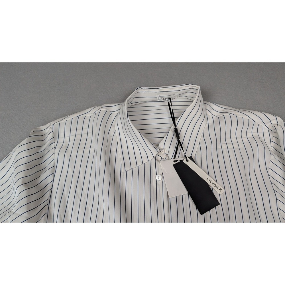 Lilysilk Womens XXL White Navy Blue Pinstripe Silk Button Down Shirt Long Sleeve - Picture 3 of 6